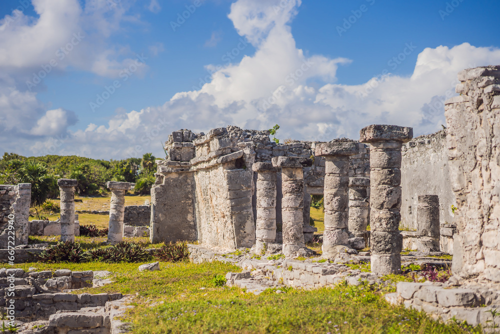 Pre-Columbian Mayan walled city of Tulum, Quintana Roo, Mexico, North America, Tulum, Mexico. El Castillo - castle the Mayan city of Tulum main temple Pre-Columbian Mayan walled city of Tulum, Quintana Roo, Mexico, North America, Tulum, Mexico. El Castillo - castle the Mayan city of Tulum main temple