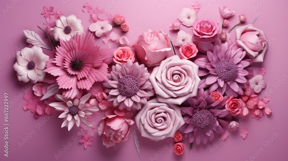 a bunch of flowers that are on a pink background with pink and white flowers. generative ai a bunch of flowers that are on a pink background with pink and white flowers. generative ai