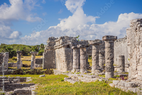 Pre-Columbian Mayan walled city of Tulum, Quintana Roo, Mexico, North America, Tulum, Mexico. El Castillo - castle the Mayan city of Tulum main temple
