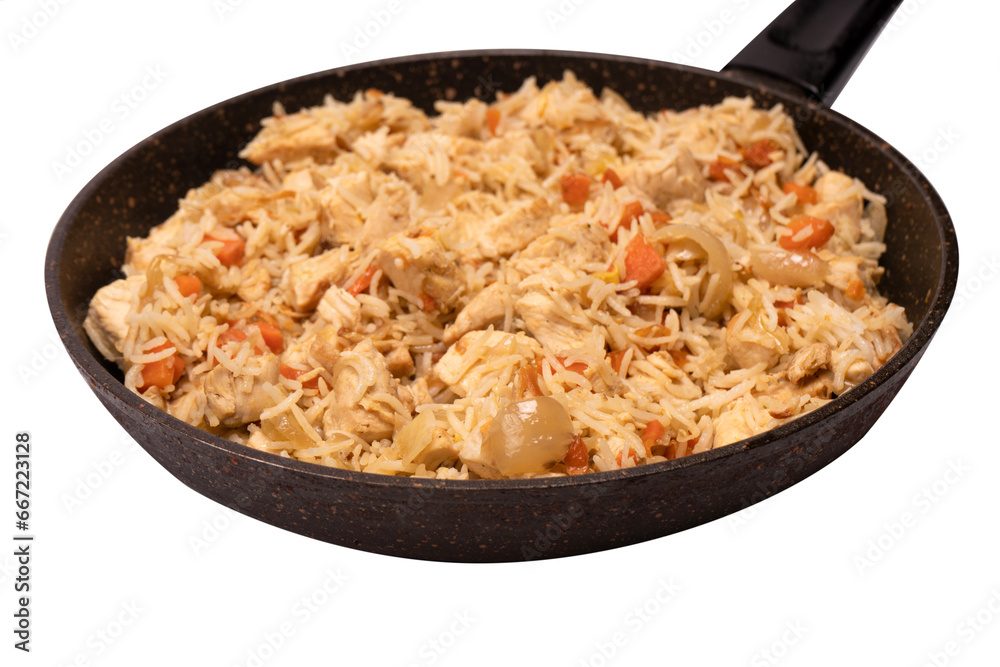 Tasty pilaf with chicken in a frying pan. Tasty pilaf with chicken in a frying pan.