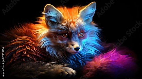  a painting of a red fox with blue eyes and feathers.  generative ai © Shanti