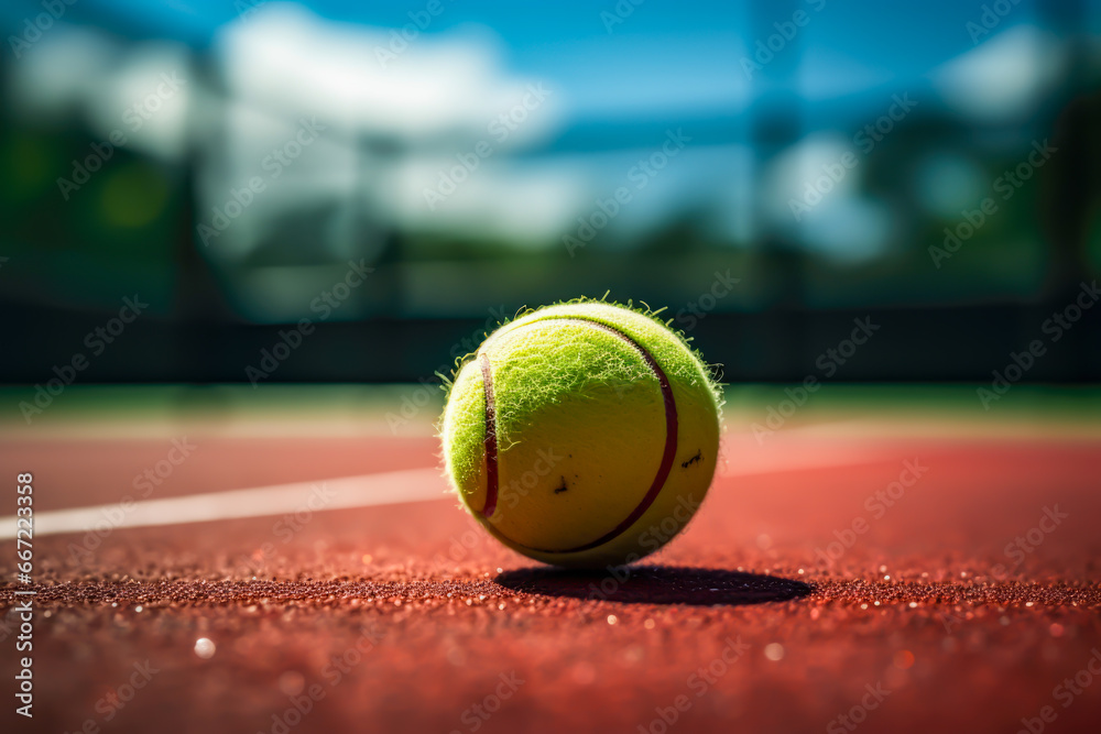 a tennis ball on a clay court