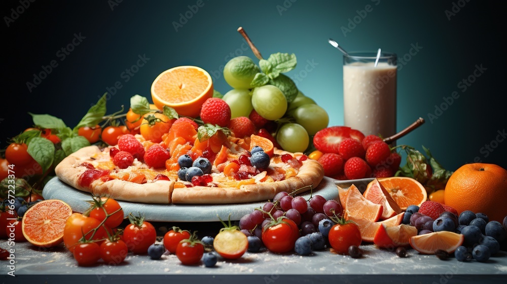 a table topped with a pizza covered in fruit and a glass of milk. generative ai a table topped with a pizza covered in fruit and a glass of milk. generative ai