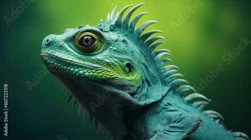  a close up of a green lizard with a black background.  generative ai