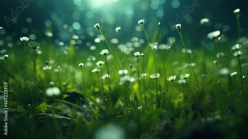  a field of green grass with water droplets on it and a bright sun in the background. generative ai
