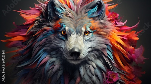  a colorful wolf with feathers on its head and eyes, with a black background. generative ai