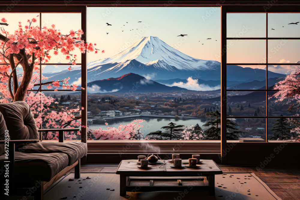 relax japanese scenic painting minimalist - obrazy, fototapety, plakaty 