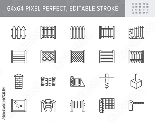 Fence types line icons. Vector illustration include icon - chainlink, wood, blinds panels, masonry, artistic forging metal gates outline pictogram for guardrail. 64x64 Pixel Perfect, Editable Stroke