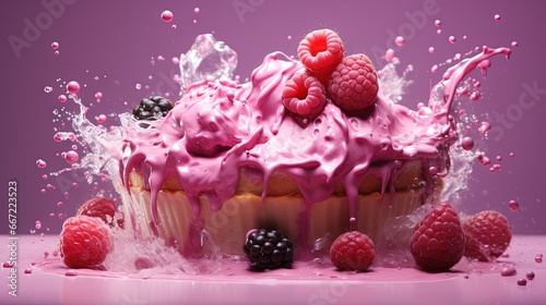  a cupcake with pink icing and raspberries on top. generative ai