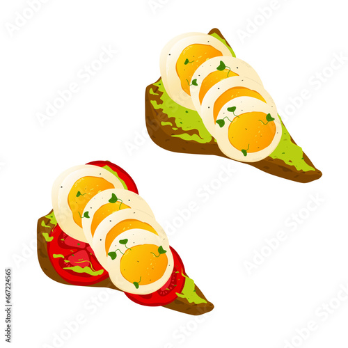 Breakfast toast with avocado, herbs and a boiled egg. Breakfast toast with avocado, herbs, boiled egg and tomato. Healthy breakfast. Vector illustration.