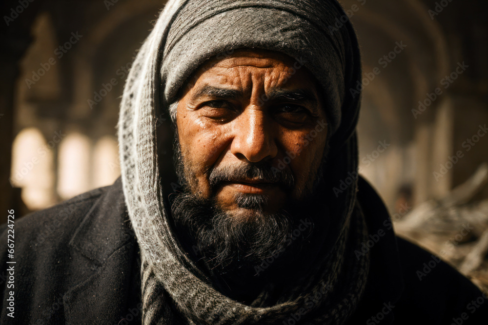 Portrait of an elderly bearded man from the Middle East, dressed in kefia, traditional clothes, ruins of a destroyed city on the background