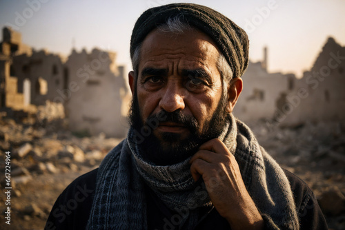 Portrait of an elderly bearded man from the Middle East, dressed in kefia, traditional clothes, ruins of a destroyed city on the background