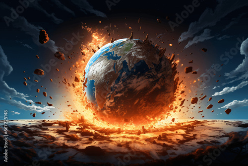 Planet Earth burning and being destroyed by climate change. Perspective of the end of the world. Cartoon style. Generative IA photo