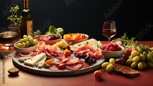  a plate of meats, cheeses, fruit, and a glass of wine. generative ai