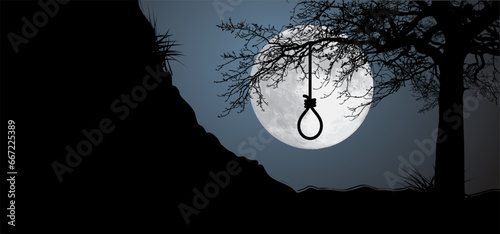 Gallows with rope noose. Line pattern. Rope loop. Gallows hanging noose rope and tied knot. Rope knotted in noose. Hangman knot. Halloween, dead icon. support and depression therapy suicide concept.