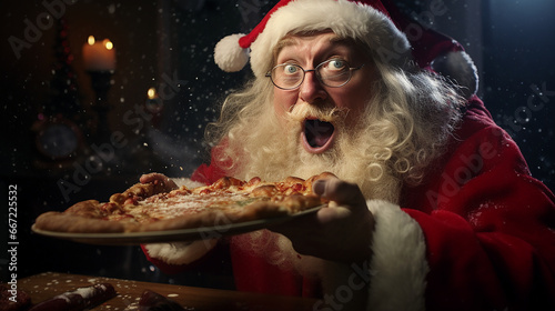 Santa Claus eating a pizza