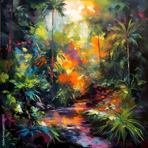 Tropical forest. Watercolor painting on canvas. Nature background.