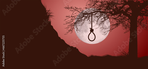 Gallows with rope noose. Line pattern. Rope loop. Gallows hanging noose rope and tied knot. Rope knotted in noose. Hangman knot. Halloween, dead icon. support and depression therapy suicide concept.