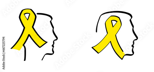 Suicide prevention and childhood cancer awareness, yellow ribbon for supporting people. world cancer day concept. Symbol of suicide prevention, sarcoma, bone or endometriosis concept. 