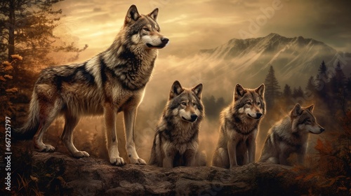 Group of wolves sitting at the edge of a river in the morning © Mr. Muzammil
