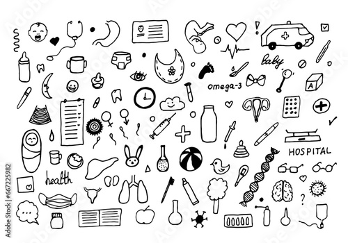 Doodle Set of hand-drawn baby medicine. Pregnancy set, toys, food, accessories. Big set of hand drawn doodle medicine with lettering. Vector illustration.