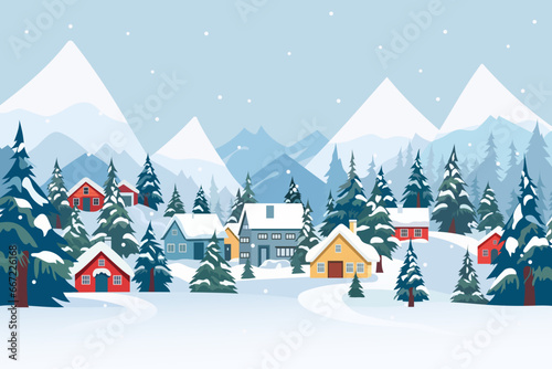 Beautiful winter landscape of a Christmas village. Houses and snow-covered trees against the backdrop of mountains. Cute flat vector illustration.