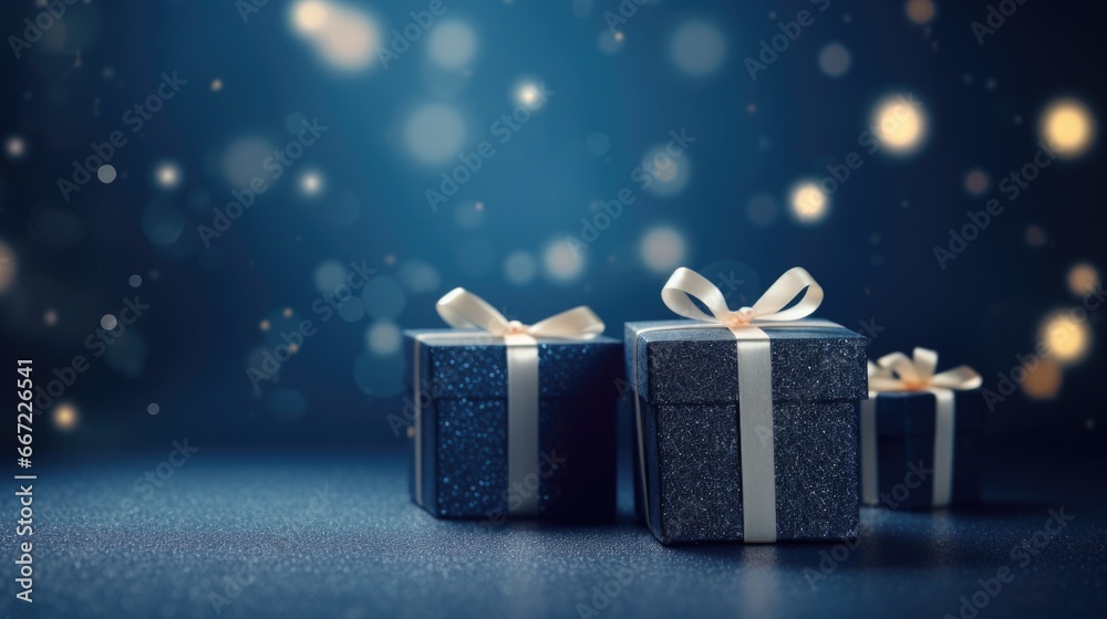 blue gift box with beige ribbon at a defocused sparkling holiday background, christmas postcard photo blue gift box with beige ribbon at a defocused sparkling holiday background, christmas postcard photo