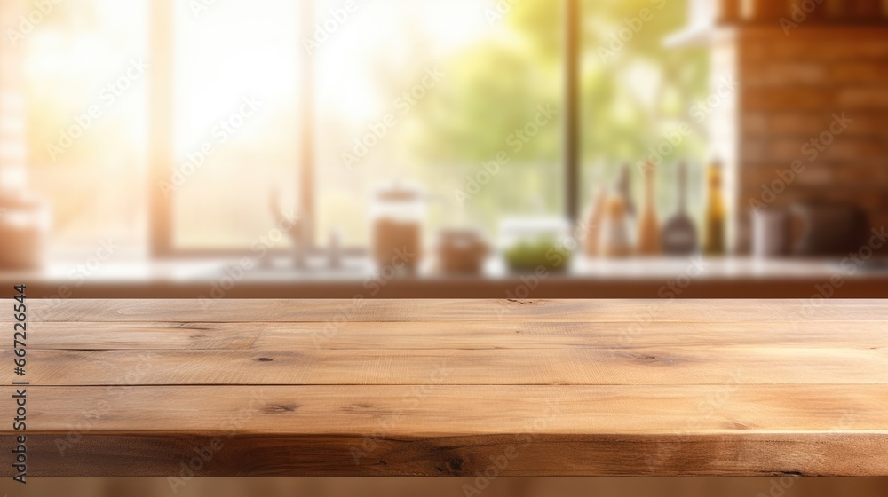 Empty wooden table on blurred window background
