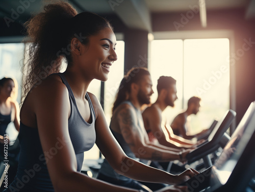 Group of people at gym exercising their legs doing cardio training photo