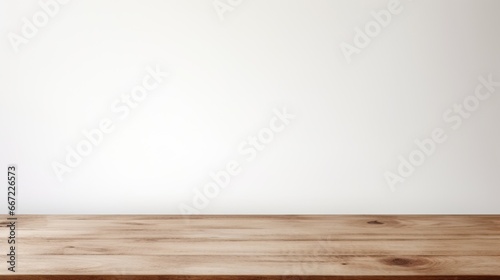 Empty wooden table over white wall background, product display, mock up photo