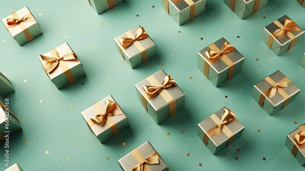  a group of wrapped gift boxes with gold bows on them.  generative ai