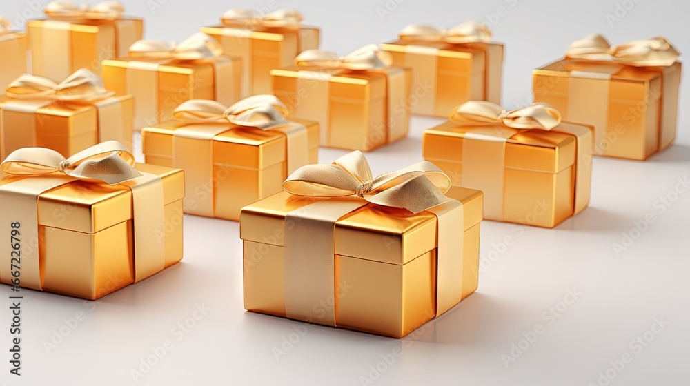  a group of gold gift boxes with a bow on them.  generative ai