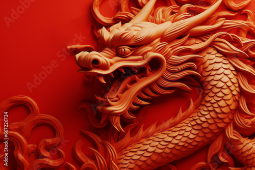 Festive New Year's background with a red wooden dragon. The symbol of the new year 2024.