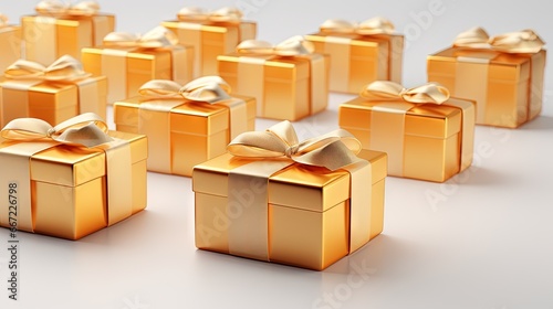  a group of gold gift boxes with a bow on them.  generative ai