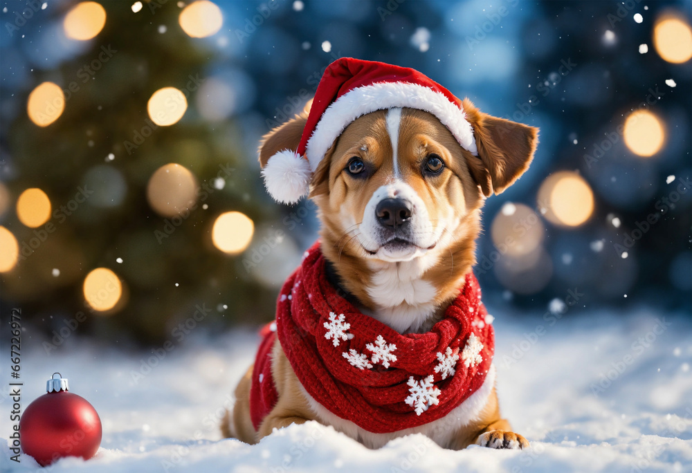 Christmas Dog - Labrador - Christmas Decoration -Snowy Forest - Generative AI	