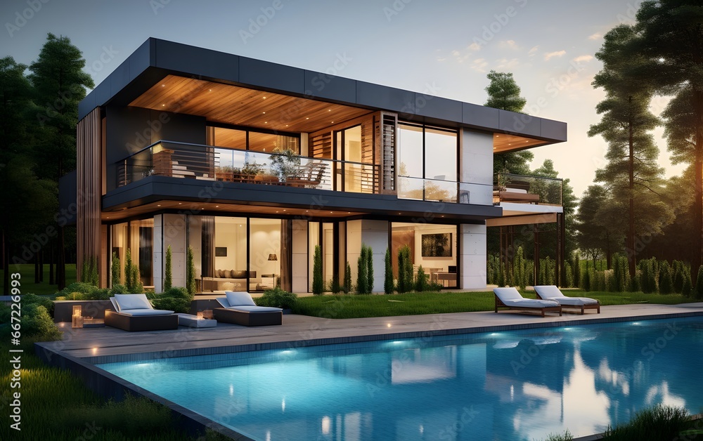 3d rendering of modern cozy house with pool and parking for sale or rent in luxurious style and beautiful landscaping on background. Clear sunny summer evening with blue sky.