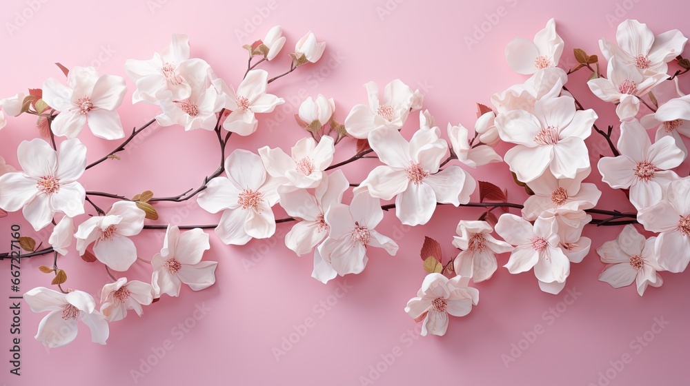  a branch of white flowers on a pink background with space for text.  generative ai
