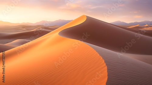 Sand dunes in the desert at sunset. Panorama. 3d render