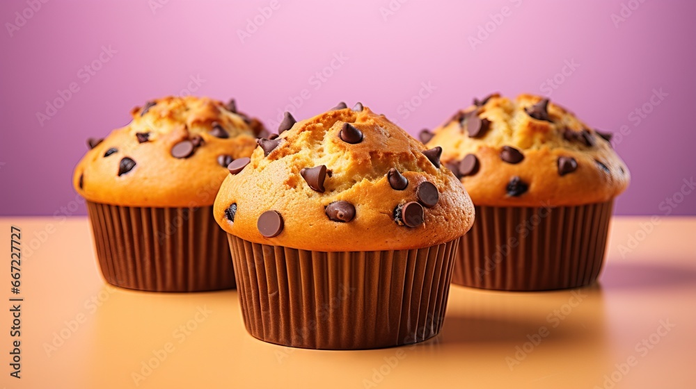 three muffins with chocolate chips on top of them. generative ai three muffins with chocolate chips on top of them. generative ai