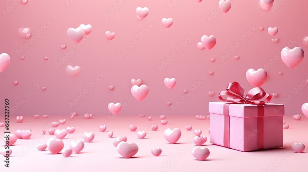  a pink gift box with a bow and hearts flying around it.  generative ai