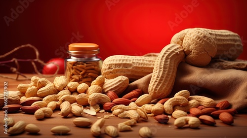  a jar of peanuts and peanutshells on a table.  generative ai