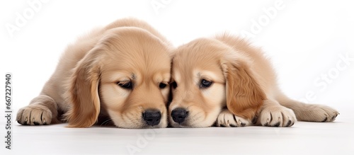 Golden retriever puppy and mother dog in close contact on the floor