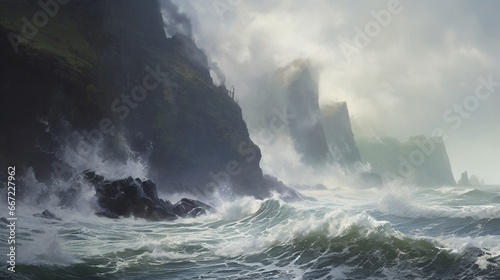 Powerful ocean waves crashing against rugged cliffs, spraying mist into the air.