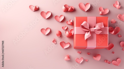  a pink gift box with a bow and hearts around it.  generative ai © Shanti