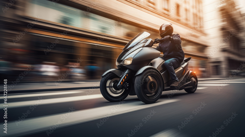 A man in a helmet rides a mini tricycle on a city street against the background of buildings. Dynamic image, adrenaline and speed, freedom and adventure.