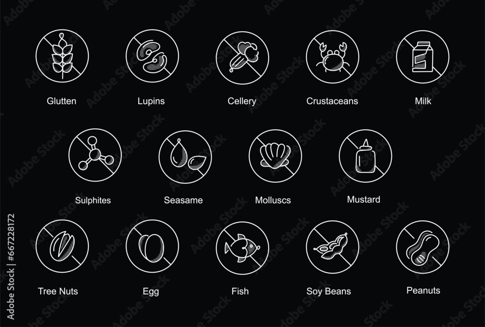 Allergen Icons. Food Allergy Warning & Dietary Restriction Symbols.