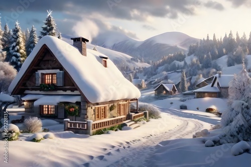 Winter Christmas Landscape with Village Houses Covered with Snow and Tree   Generative Ai