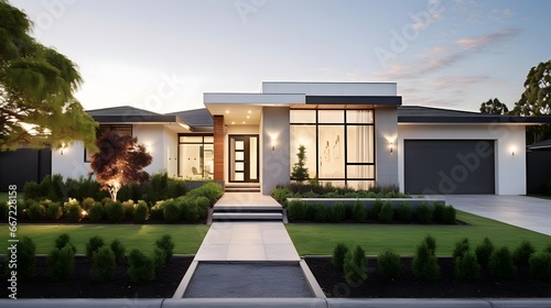 Luxury house with garden at sunset. 3d rendering.