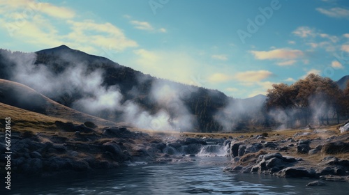 Steam rising from a thermal hot spring, enveloped in the chill of its mountain setting.