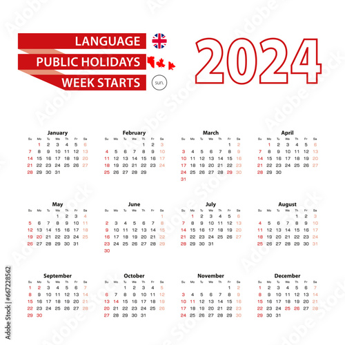 Calendar 2024 in English language with public holidays the country of Canada in year 2024.